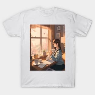 young lady starts her day by enjoying a cup of coffee. T-Shirt